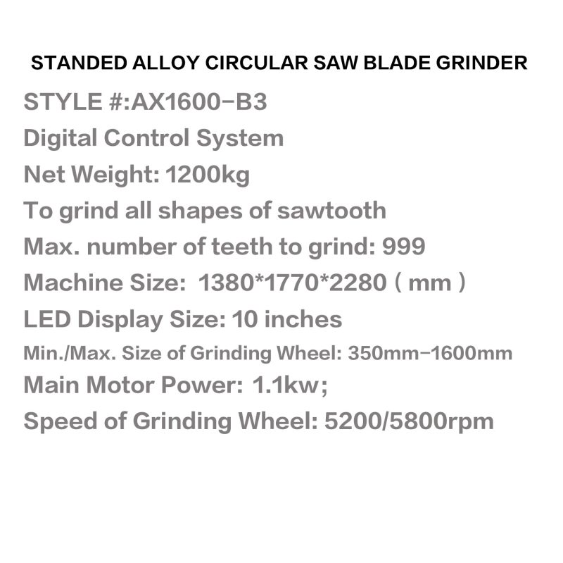 AX1600-B3#10/13W 5200/5800rpm 1600mm Alloy Metal Saw Blade Grinder